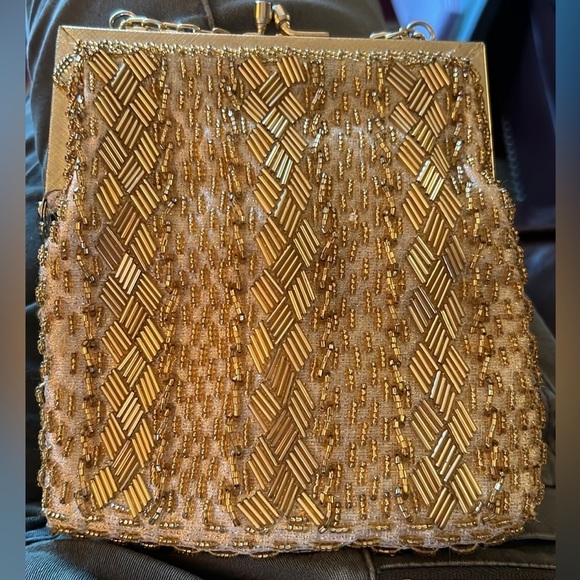 Fine Arts Bag Women’s Gold Beaded Made in Hong Kong Evening Bag Purse Vintage - Picture 15 of 16